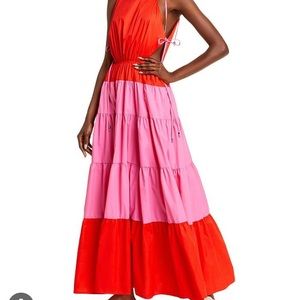 STAUD MINERVA RED AND HOT PINK TIERED DRESS
